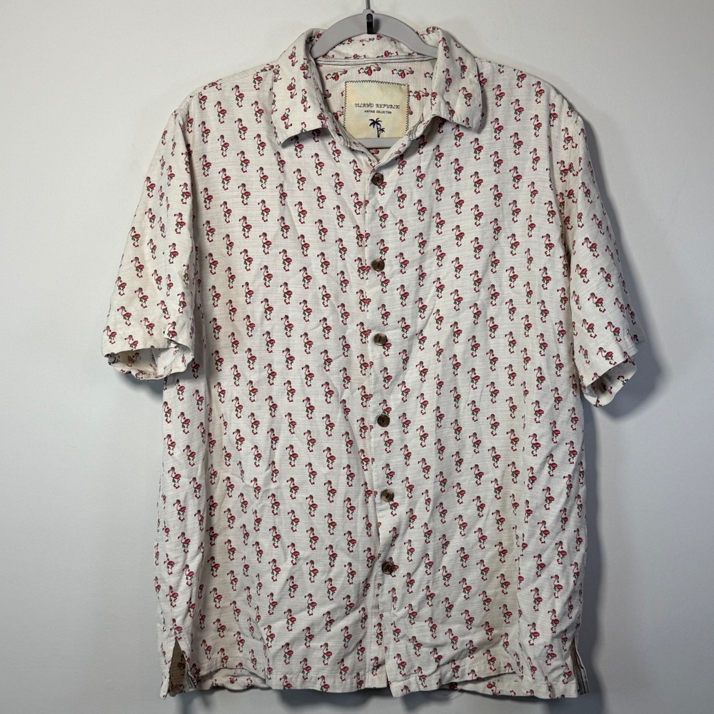 Island Republic Flamingo Silk Shirt Mens L Cream Christmas Tropical Vaca Coastal